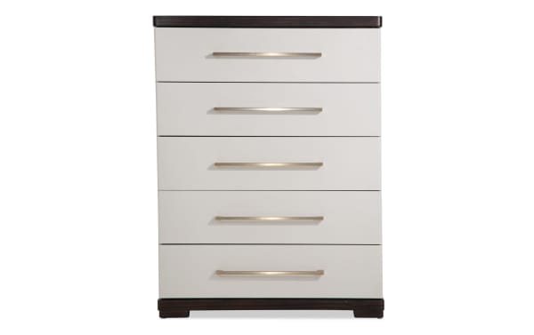 Contempo Ivory & Espresso 5 Drawer Chest in contemporary style, crafted from pine solids and birch veneers, with contrasting ivory drawers and dark espresso top and base. Features sleek metal handles and a felt-lined top drawer for elegant bedroom storage.