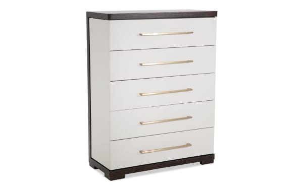 Contempo Ivory & Espresso 5 Drawer Chest with pine solids, birch veneers, felt-lined top drawer, contemporary style, and contrasting ivory and espresso finish.