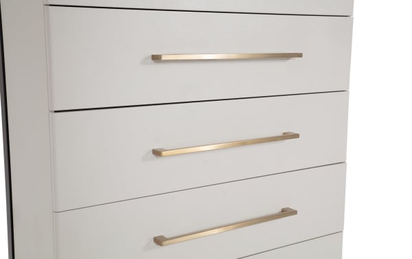 Contempo Ivory & Espresso 5 Drawer Chest with contemporary style, pine solids and birch veneers, featuring ivory textured drawer fronts and sleek gold handles.