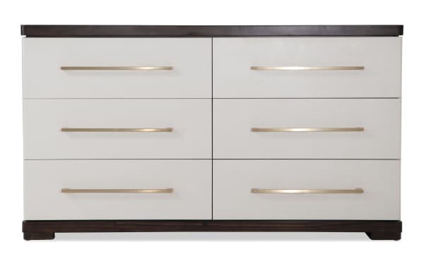 Contempo Ivory & Espresso 6 Drawer Dresser in contemporary style, featuring pine solids, birch veneers, ivory drawers with gold handles, and dark espresso top and base.