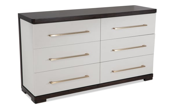 Contempo Ivory & Espresso 6 Drawer Dresser in contemporary style, featuring pine solids, birch veneers, ivory drawer fronts, espresso top and base, and sleek gold handles.
