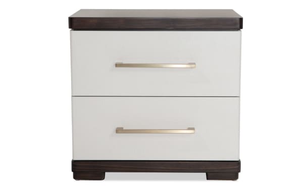 Contempo Ivory & Espresso 2 Drawer Nightstand with pine solids, birch veneers, USB/USB-C charging, felt-lined top drawer, and contrasting ivory and espresso finish.