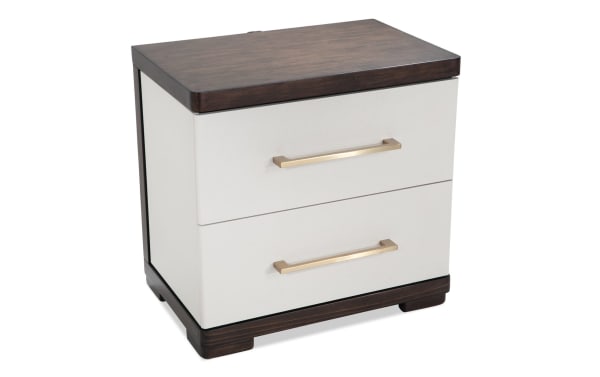 Contempo Ivory & Espresso 2 Drawer Nightstand with pine solids, birch veneers, felt-lined drawer, USB and USB-C charging, contemporary style.