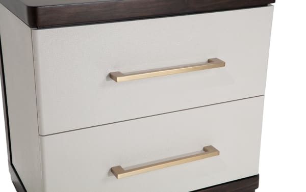 Contempo Ivory & Espresso 2 Drawer Nightstand with pine solids, birch veneers, contemporary style, ivory textured drawer fronts, espresso wood top, and brass handles.