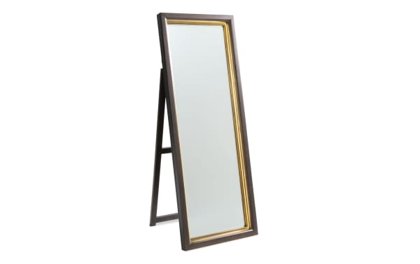 Contempo Espresso LED Floor Mirror with dark espresso MDF frame and gold inner trim, built-in LED lighting, contemporary style.
