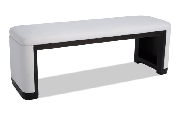 Contempo Ivory & Espresso Faux Leather Upholstered Bench with pine solids and birch veneers, featuring ivory faux leather and espresso wood frame in contemporary style.