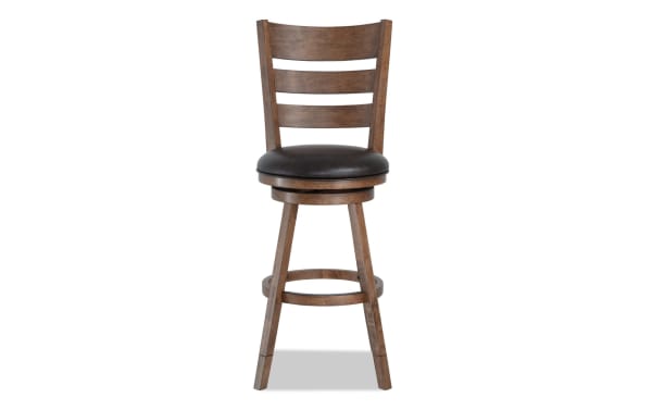 Tulsa Walnut & Brown Faux Leather Ladder Back Swivel Stool with adjustable height, brown MDF frame, and cushioned Bob-O-Pedic Memory Foam seat.