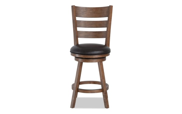 Tulsa Walnut & Brown Faux Leather Ladder Back Swivel Stool with adjustable height, memory foam seat, and transitional brown wood frame.