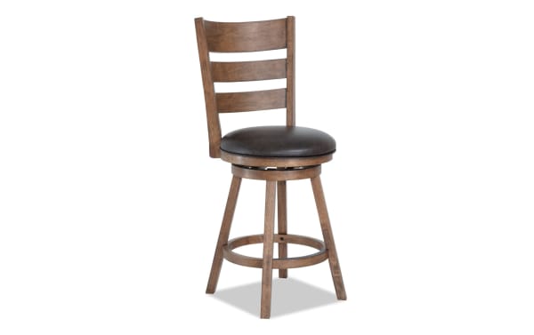 Tulsa Walnut & Brown Faux Leather Ladder Back Swivel Stool with adjustable height, brown faux leather seat, MDF frame, and transitional style.