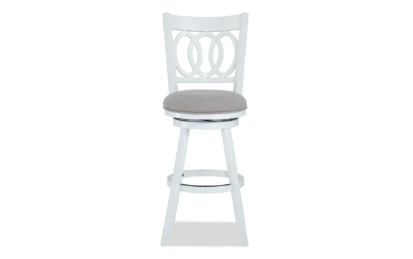 Madison White & Gray Upholstered Adjustable Height Swivel Stool with gray polyester fabric seat, white MDF frame, memory foam cushion, and transitional style.