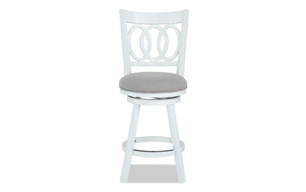 Madison White & Gray Upholstered Adjustable Height Swivel Stool with gray polyester fabric seat, white MDF frame, transitional style, and memory foam cushion.