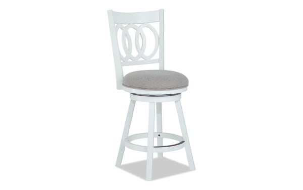 Madison White & Gray Upholstered Adjustable Height Swivel Stool with gray polyester fabric seat, white MDF frame, transitional style, memory foam cushion, and footrest ring.