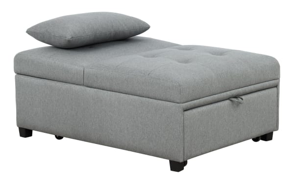 Evolution Gray Futon in contemporary style with gray polyester fabric upholstery, tufted top, convertible ottoman and chaise for versatile small space use.