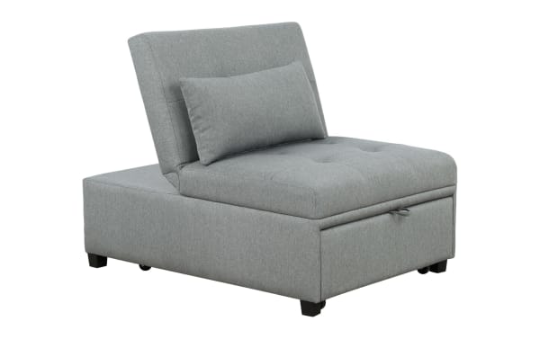 Contemporary Evolution Gray Futon in tufted gray polyester fabric, convertible for sitting, lounging, or sleeping, ideal for small spaces.