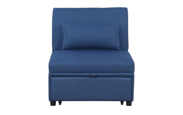 Contemporary Evolution Blue Futon in blue polyester fabric with tufted seat and back, convertible design for small spaces and apartment living.