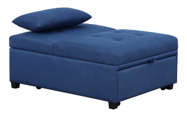 Contemporary Evolution Blue Futon upholstered in blue polyester fabric with tufted cushion design, convertible ottoman, chair, chaise, and bed for small spaces.