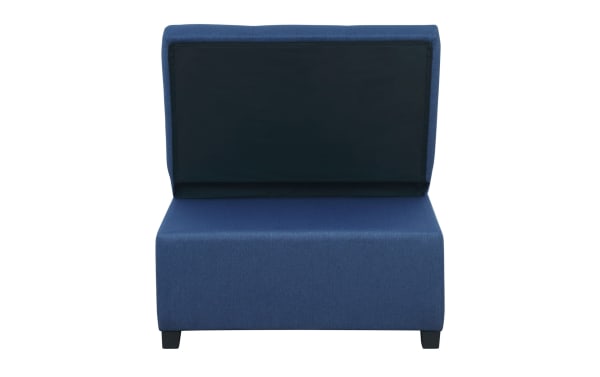 Contemporary Evolution Blue Futon in blue polyester fabric with tufted backrest, designed for versatile seating and sleeping in small spaces.