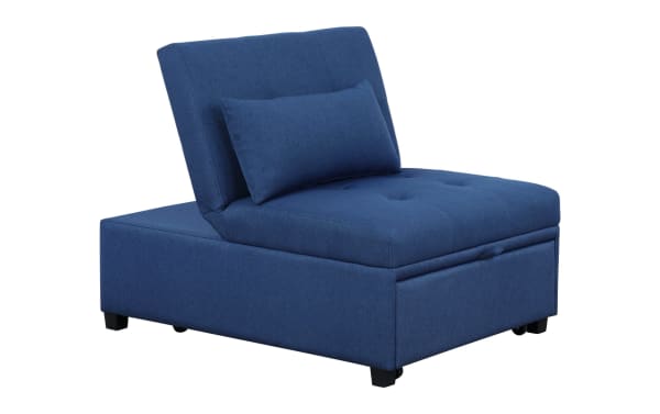 Contemporary Evolution Blue Futon in blue polyester fabric with tufted seat and backrest, convertible for versatile seating and sleeping options.