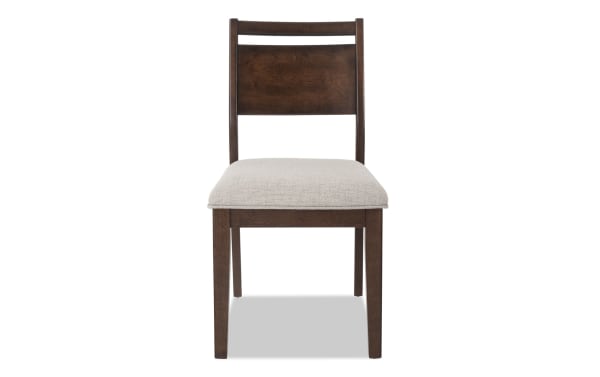 Contemporary Mango Dining chair with solid mango wood frame, beige polyester upholstered seat, and brown panel back with memory foam cushioning.