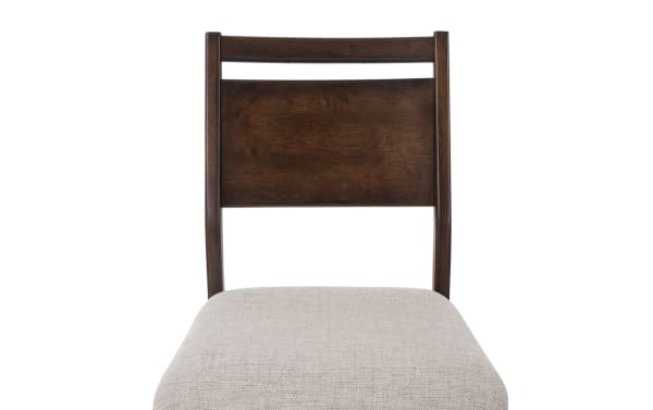 Contemporary Mango Brown & Beige panel back dining chair with solid mango wood frame and beige polyester fabric upholstery.