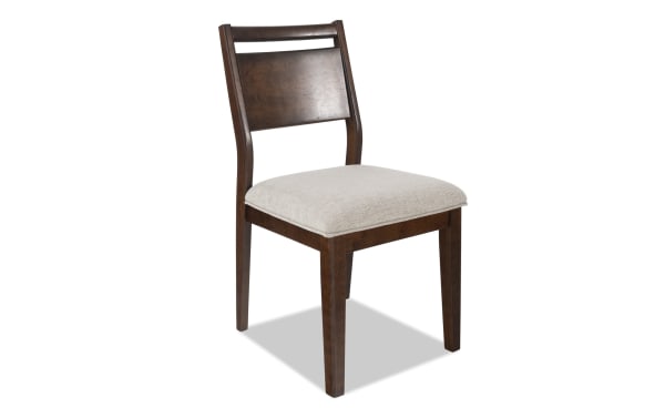 Contemporary Mango Dining chair with solid mango wood frame, beige polyester fabric seat, and brown panel back with memory foam cushioning.