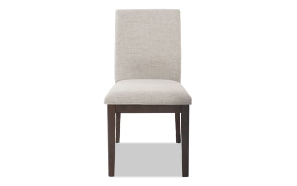 Contemporary Mango Dining chair with beige polyester fabric upholstery, solid mango wood frame, and padded solid back for ergonomic comfort.