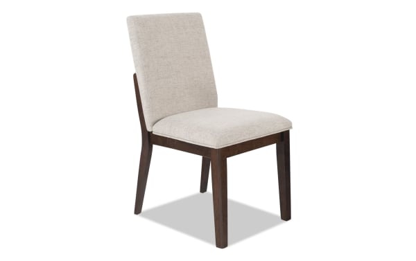 Contemporary Mango Dining chair with solid mango wood frame, beige polyester fabric upholstery, and memory foam seat for comfort and support.