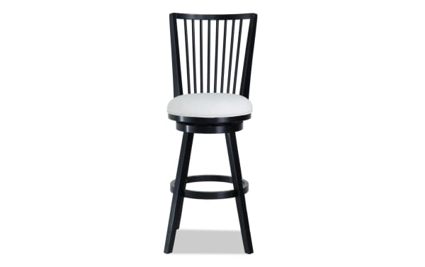 Windsor Black & Beige Upholstered Slat Back Swivel Stool with adjustable height, black wood frame, beige polyester fabric seat, and memory foam cushion.