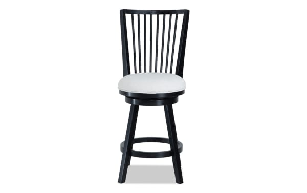 Windsor transitional black wood swivel bar stool with beige polyester fabric seat, adjustable height, slat back, and memory foam cushion.