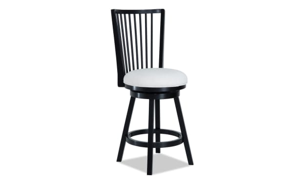Windsor black wood and beige polyester fabric upholstered slat back swivel stool with adjustable height and memory foam seat cushion.