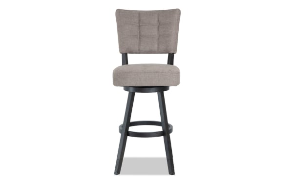 Tucker Charcoal transitional swivel bar stool with mocha polyester fabric upholstery, adjustable height, memory foam seat, and MDF frame.