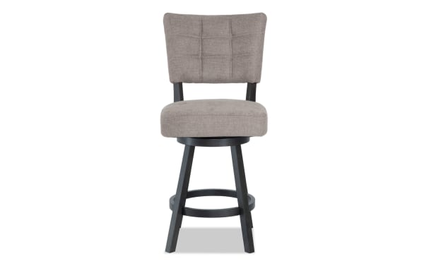 Tucker Charcoal transitional swivel stool in mocha beige polyester fabric with adjustable height, memory foam seat, and black MDF legs.