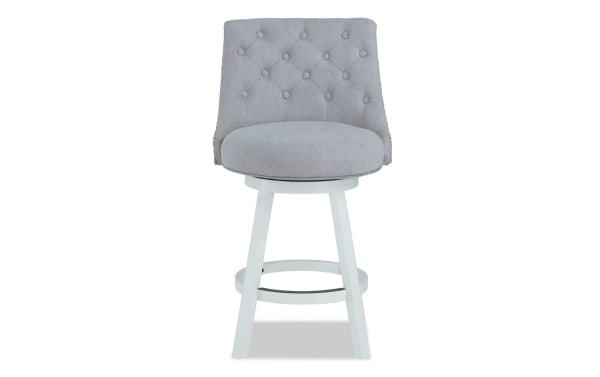 Juliette Gray Solid Back Adjustable Height Swivel Stool with tufted gray polyester fabric seat, memory foam cushion, and white MDF legs in transitional style.