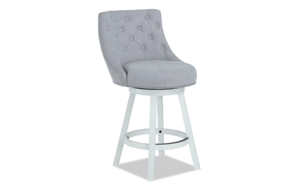 Juliette Gray transitional swivel stool with tufted solid back, adjustable height, gray polyester fabric seat, and white MDF legs with footrest ring.