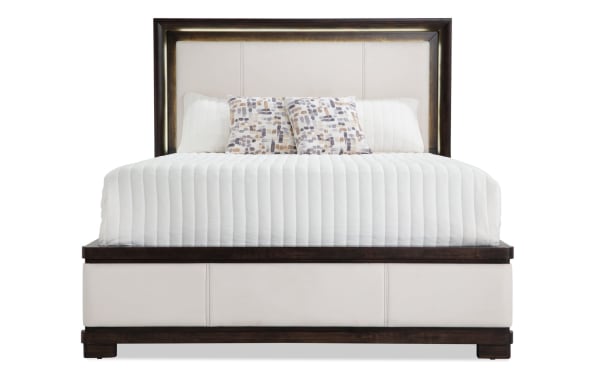 Contempo Queen Ivory & Espresso Upholstered Panel Bed with faux leather headboard, pine solids, birch veneers, and contemporary ivory and dark wood contrast.