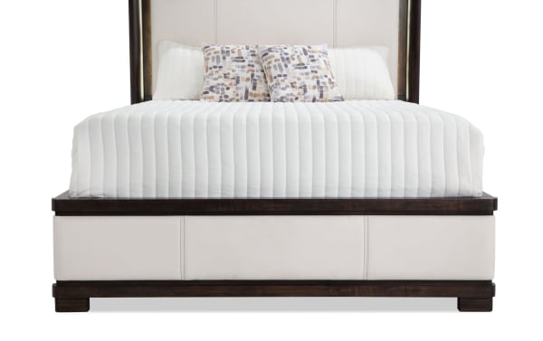 Contempo Queen Ivory & Espresso Upholstered Panel Bed in faux leather and pine solids with birch veneers, featuring a contemporary ivory headboard and espresso wood frame.