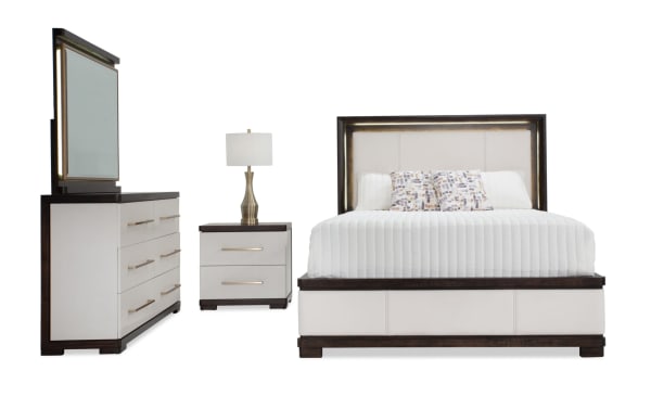 Contempo 4 Piece Queen Ivory & Espresso Bedroom Set with contemporary pine solids, birch veneers, faux leather, USB nightstand, floating mirror, and glowing headboard.
