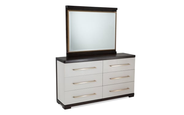 Contempo 4 Piece Queen bedroom dresser in ivory and espresso with six faux leather drawer fronts, pine solids, birch veneers, and contemporary style mirror.