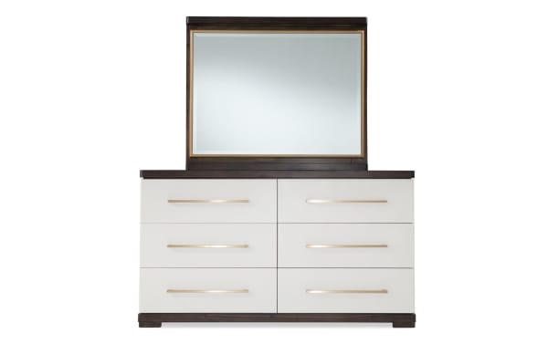 Contempo 4 Piece King Ivory & Espresso Bedroom Set dresser with six ivory drawers, gold handles, espresso pine solid frame, birch veneer, and a large rectangular mirror.