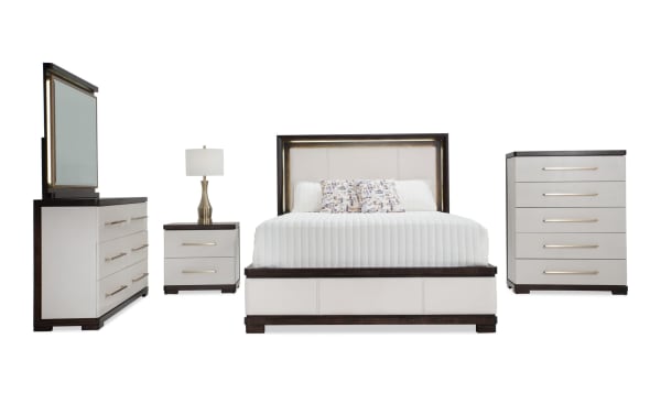 Contempo 5 Piece Queen Ivory & Espresso Bedroom Set with faux leather upholstery, pine solids, birch veneers, USB nightstand, and contemporary style.