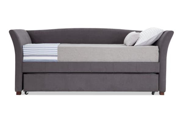 Chadwick Twin Gray Upholstered Daybed with Twin Trundle in gray polyester fabric, transitional style with flared arms and pull-out trundle for extra sleeping space.