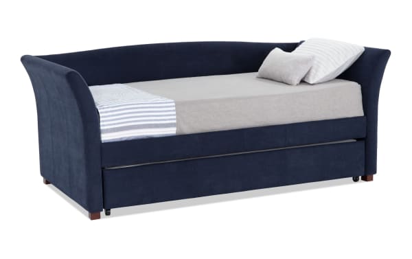 Chadwick Twin Navy Upholstered Daybed with Twin Trundle in blue polyester fabric, transitional style with curved arms and pull-out trundle for space-saving comfort.