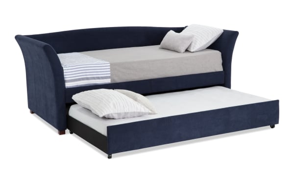 Chadwick Twin Navy Upholstered Daybed with Twin Trundle in blue polyester fabric, transitional style with curved arms and pull-out trundle for extra sleeping space.