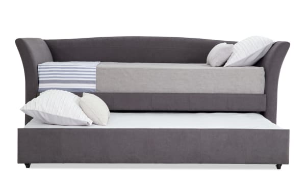 Chadwick Twin Gray Upholstered Daybed with Trundle, featuring gray polyester fabric, transitional style, curved backrest, and two mattresses for versatile seating and sleeping.