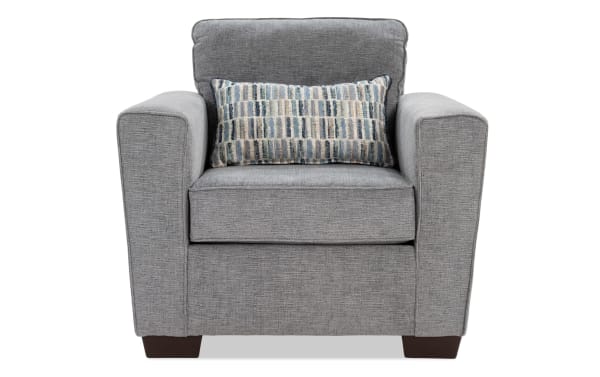 Dylan Slate Chair in gray polyester fabric with memory foam cushioning, transitional style, wide arms, and patterned accent pillow from Dylan collection.