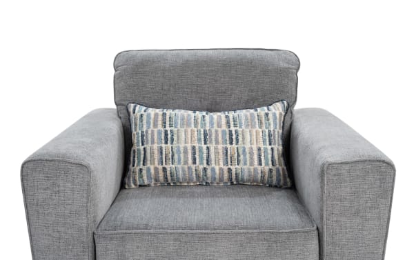 Dylan Slate Chair in gray polyester fabric with transitional style, memory foam cushioning, wide arms, and a patterned accent pillow.