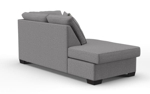 Modern gray fabric chaise lounge sofa with cushioned backrest and dark wooden legs, designed for living room comfort and style.