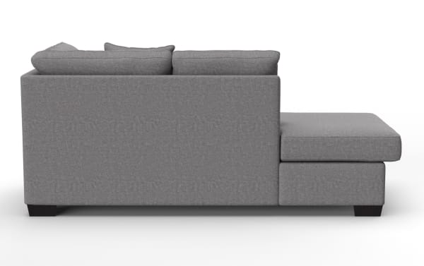 Modern gray fabric sectional sofa with chaise lounge, featuring clean lines, plush back cushions, and dark wooden legs, ideal for contemporary living rooms.
