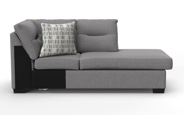 Modern gray fabric sectional sofa with adjustable backrest, dark wooden legs, and a decorative patterned throw pillow, ideal for living room seating.