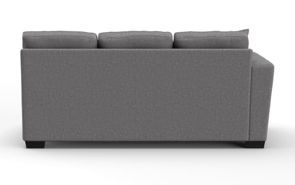 Modern gray fabric three-seater sofa with cushioned backrest and dark wooden legs, showcasing a clean and contemporary design.